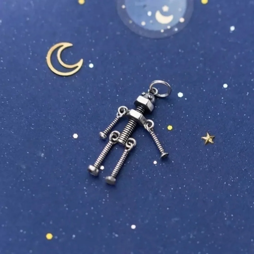 925 Sterling Silver Vintage Screw Robot Pendant Necklace